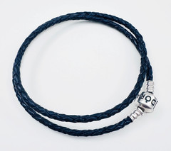 PANDORA 925 Sterling Silver Braided Leather Wrap Bracelet Navy Dark Blue 15″