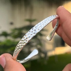 Handmade 925 Sterling Silver Bangle, Hammered Texture Wide Cuff Bracelet, Boho