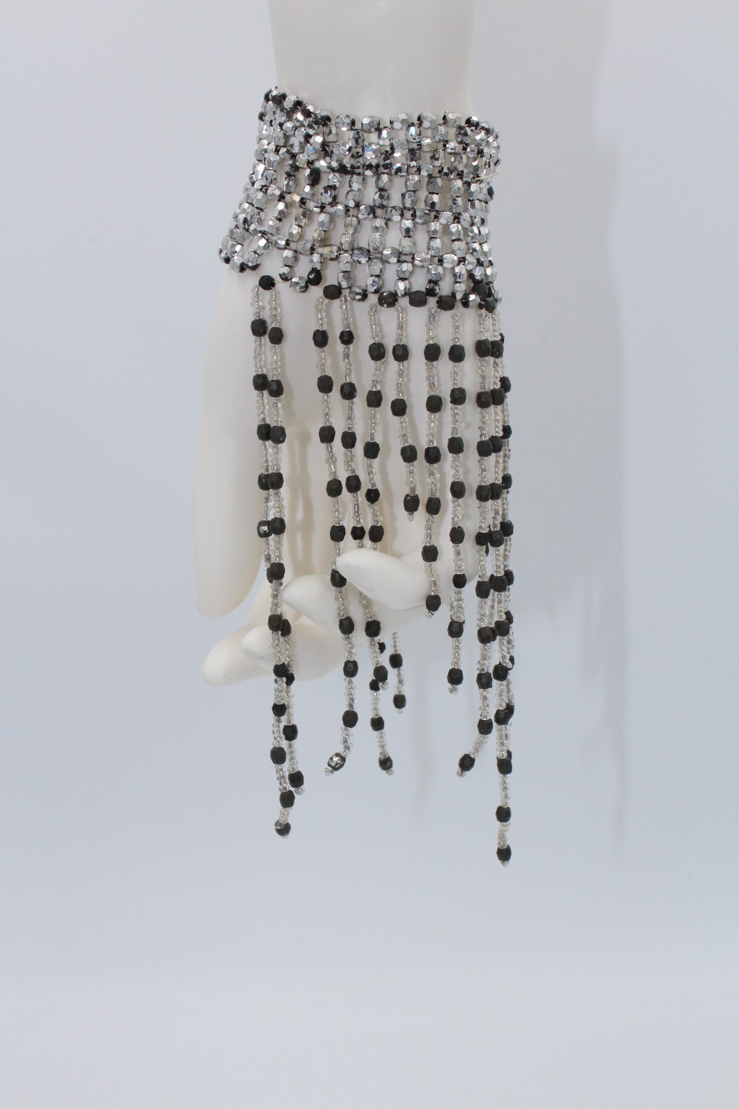 Black & Silver Beaded Tassel Elastic Cuff Bracelet Statement Jewelry gallery