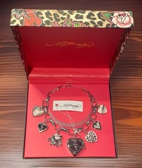 Ed Hardy Women’s Silver Pink Love Kills Slowly Heart Watch Charm Bracelet Watch