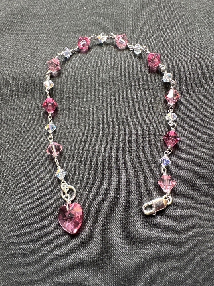 Silver .925 Pink And Clear Crystal Bracelet 7.5 Inch