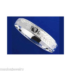 SILVER 925 HAWAIIAN BANGLE BRACELET HIBISCUS FLOWER MAILE LEAF 15MM