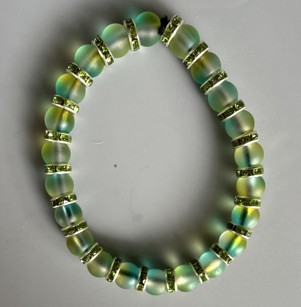 Glow in the dark Green/Blue Round Glass Bead Stretch Bracelet Rhinestone Spacers