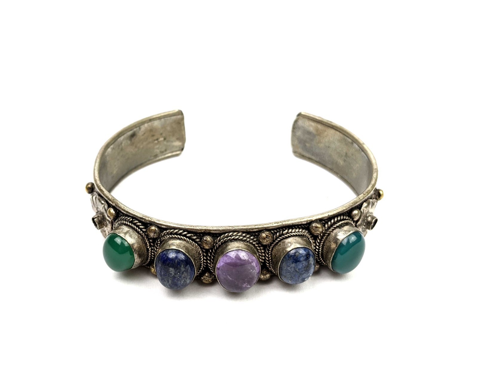 Vintage Nepalese Tibetan Multicolor Stone Bangle Silver Dragon Etched on Inside gallery