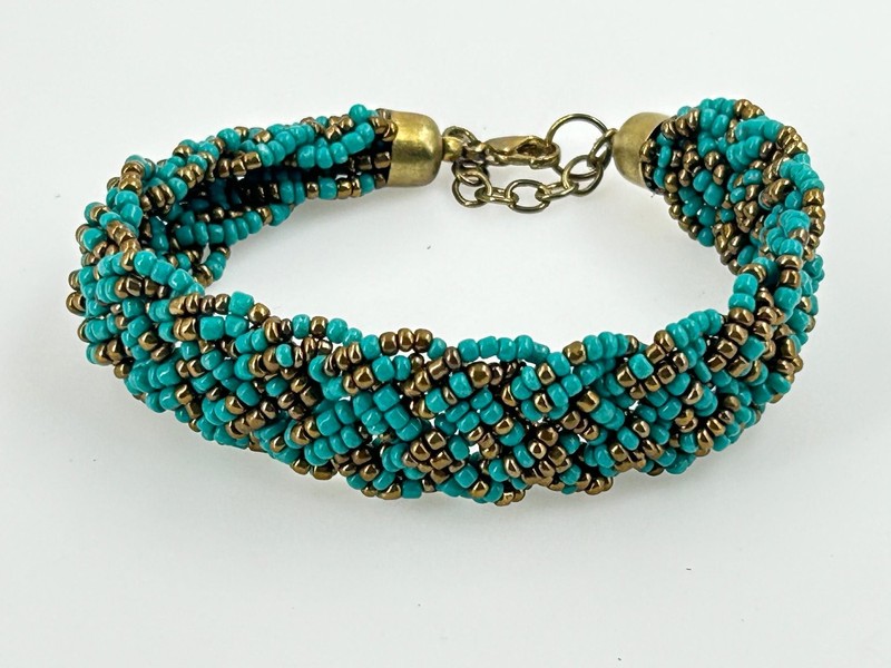 Beaded Braided Bracelet Adjustable Turquoise Bronze Seed Beads 8-10 inches gallery