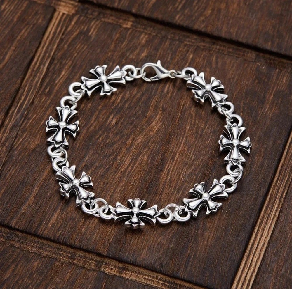 Chrome Style Cross Floral Bracelet Unisex Zinc Alloy Chain Link - UK SELLER