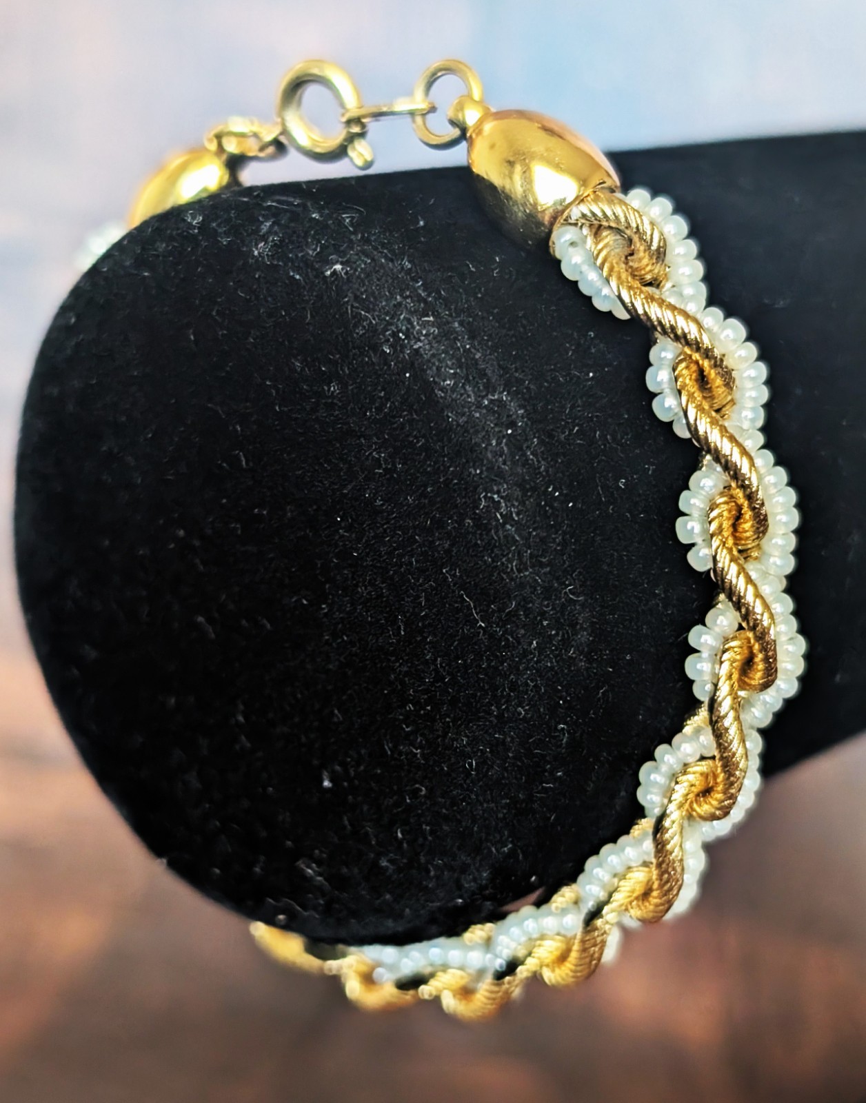 Trifari Twisted Faux Seed Pearl & Gold Tone 7" Bracelet gallery
