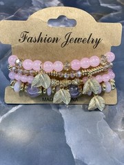 Stack Layering Beads Stretch Bracelet W/ Charms Bohemian Pink and Gold