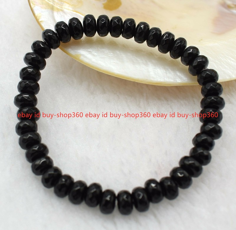 2pc Natural 5x8mm Black Agate Faceted Rondelle Gemstone Beads Bracelet 7.5" gallery