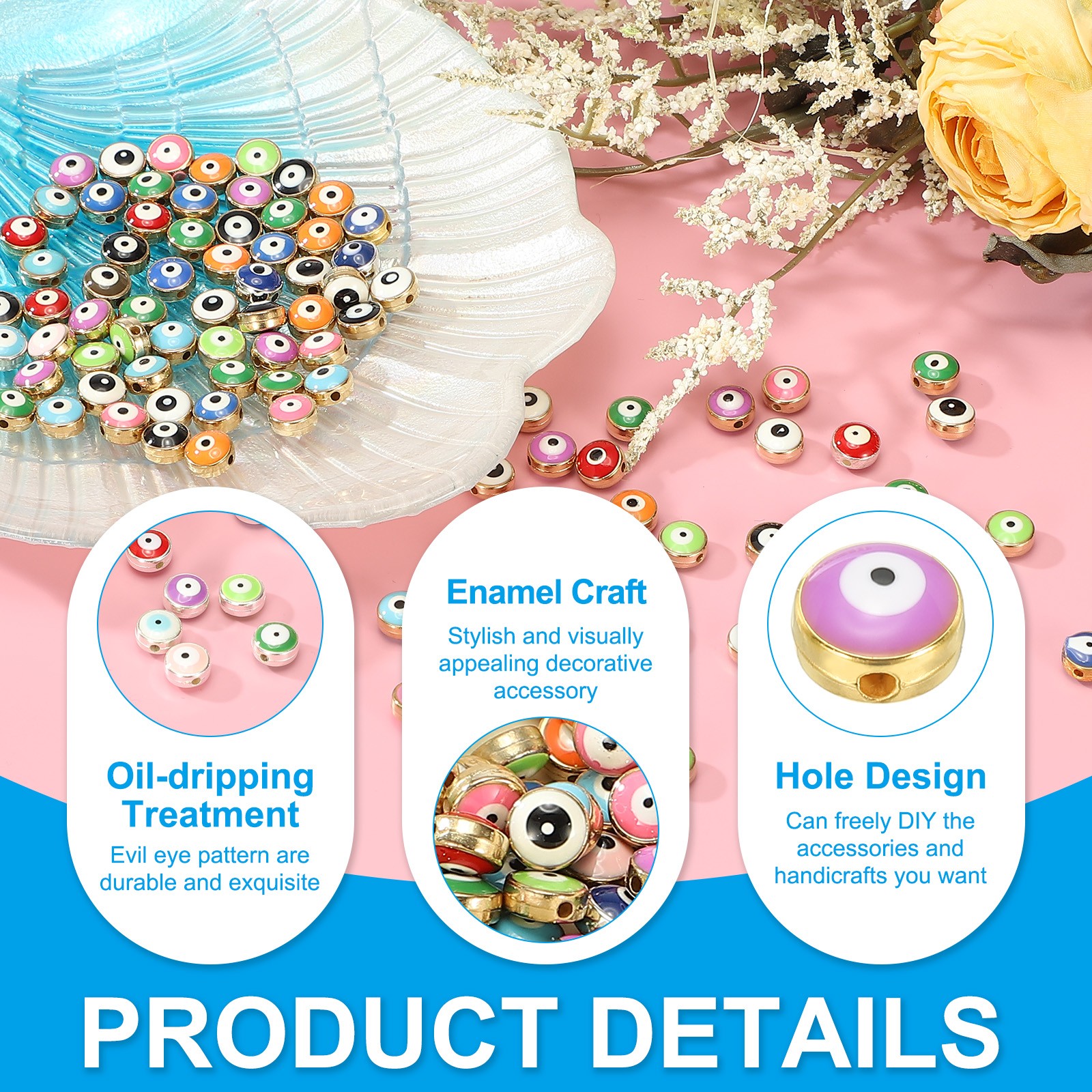 60 Pcs 8mm Flat Round Evil Eye Beads with Golden Edge, Mix Color gallery