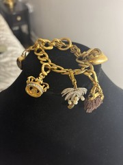 Y2K Juicy Couture Gold Tone Charm Bracelet Crown Heart Palm Tree Leopard Purse